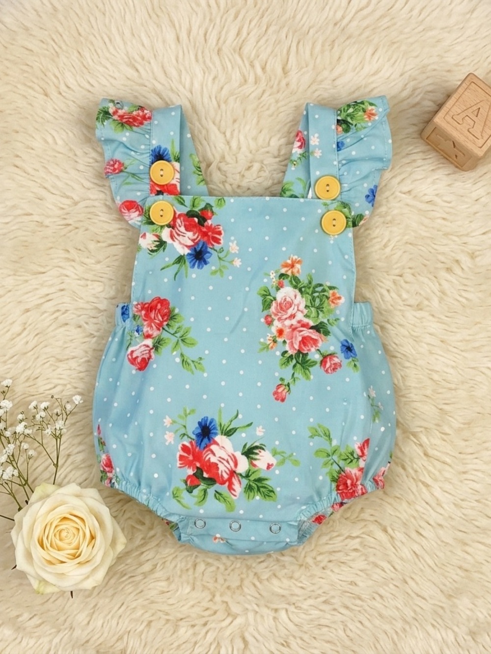 Baby Girls Blue Floral Ruffle Romper with newborn bow headband